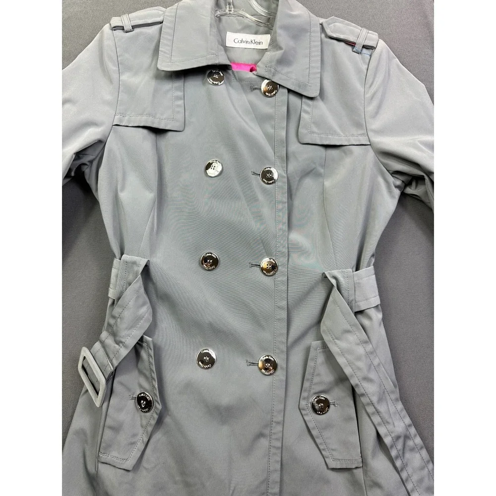 Calvin Klein‎ Women's Light Gray Double Breasted Belted Trench Coat size S Small